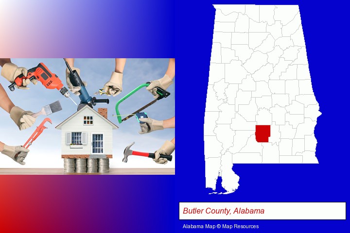 home improvement concepts and tools; Butler County, Alabama highlighted in red on a map