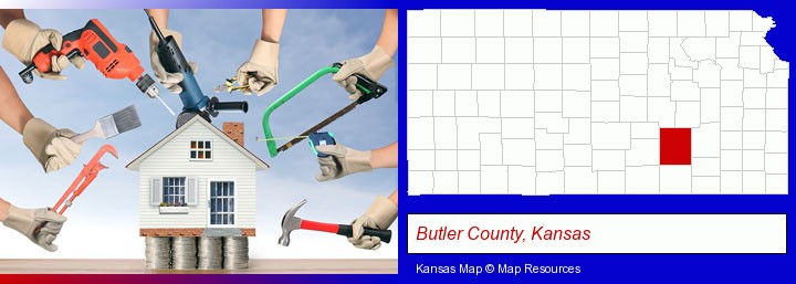 home improvement concepts and tools; Butler County, Kansas highlighted in red on a map