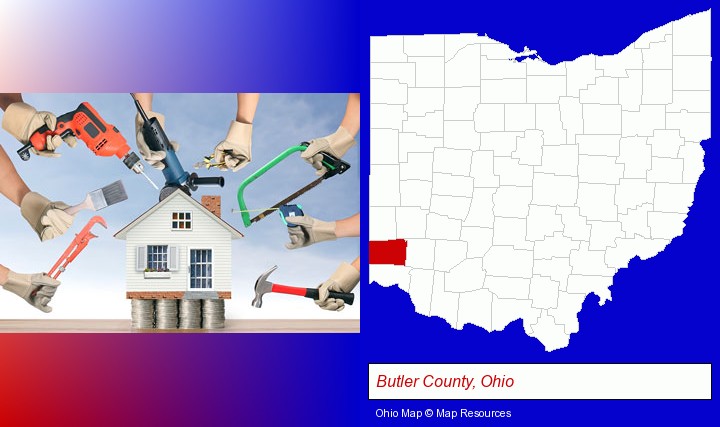 home improvement concepts and tools; Butler County, Ohio highlighted in red on a map