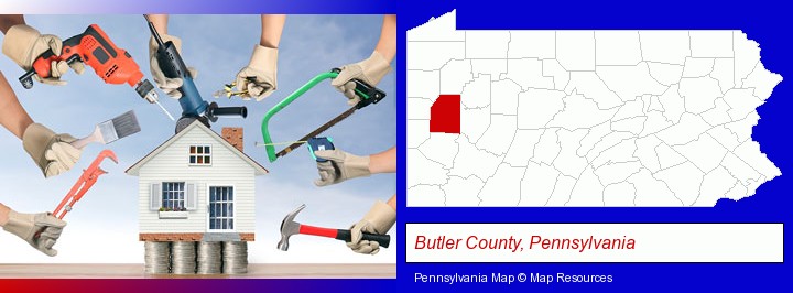 home improvement concepts and tools; Butler County, Pennsylvania highlighted in red on a map