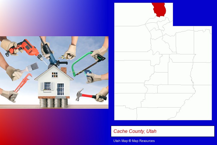 home improvement concepts and tools; Cache County, Utah highlighted in red on a map
