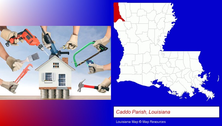 home improvement concepts and tools; Caddo Parish, Louisiana highlighted in red on a map