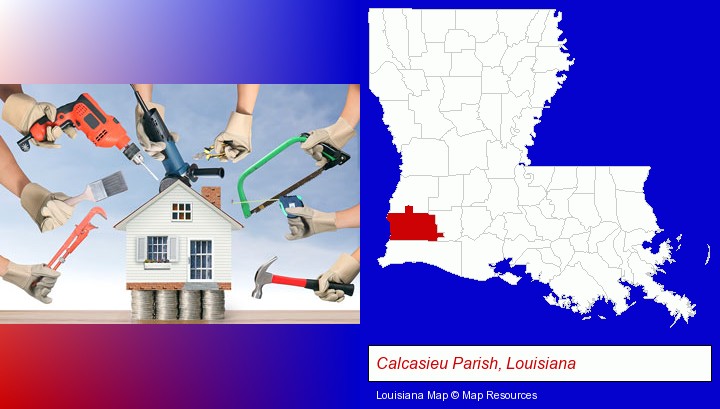home improvement concepts and tools; Calcasieu Parish, Louisiana highlighted in red on a map