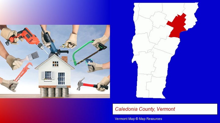 home improvement concepts and tools; Caledonia County, Vermont highlighted in red on a map