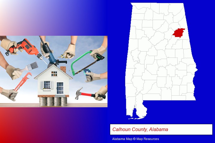 home improvement concepts and tools; Calhoun County, Alabama highlighted in red on a map