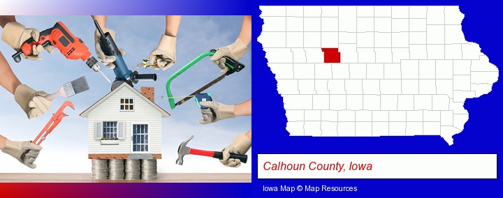 home improvement concepts and tools; Calhoun County, Iowa highlighted in red on a map