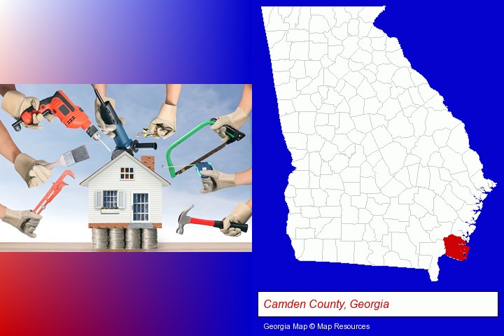 home improvement concepts and tools; Camden County, Georgia highlighted in red on a map