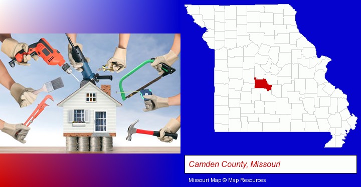 home improvement concepts and tools; Camden County, Missouri highlighted in red on a map