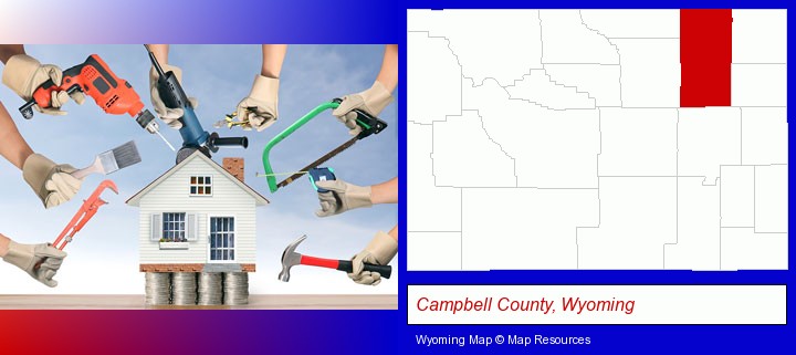 home improvement concepts and tools; Campbell County, Wyoming highlighted in red on a map