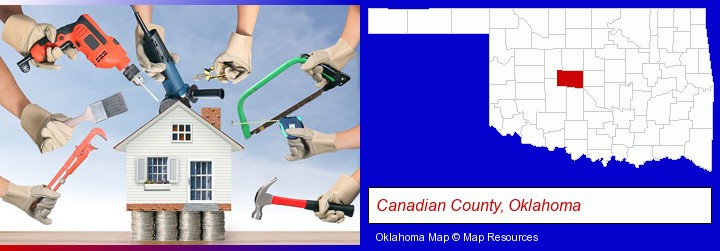 home improvement concepts and tools; Canadian County, Oklahoma highlighted in red on a map