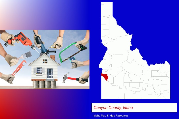 home improvement concepts and tools; Canyon County, Idaho highlighted in red on a map