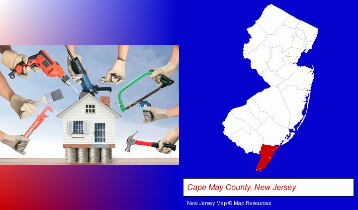 home improvement concepts and tools; Cape May County, New Jersey highlighted in red on a map