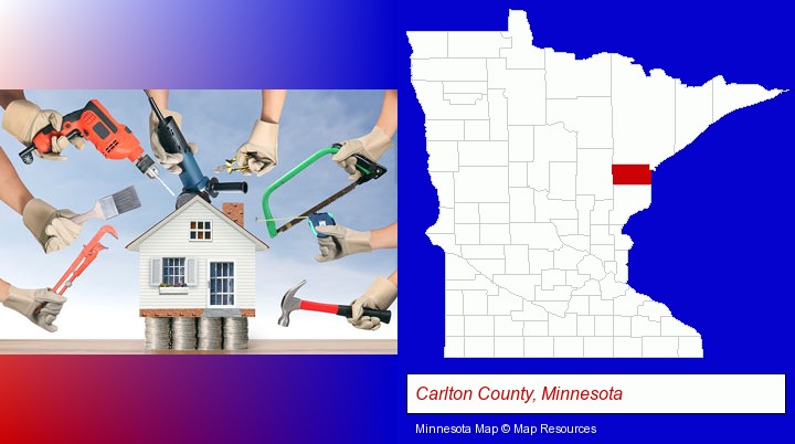 home improvement concepts and tools; Carlton County, Minnesota highlighted in red on a map