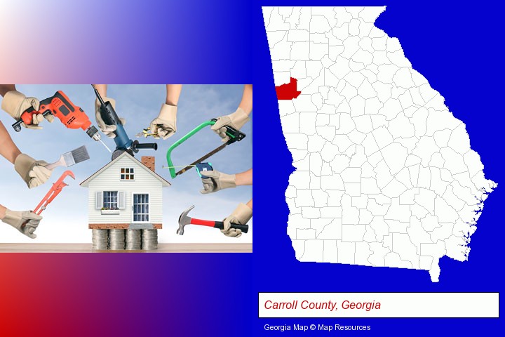 home improvement concepts and tools; Carroll County, Georgia highlighted in red on a map
