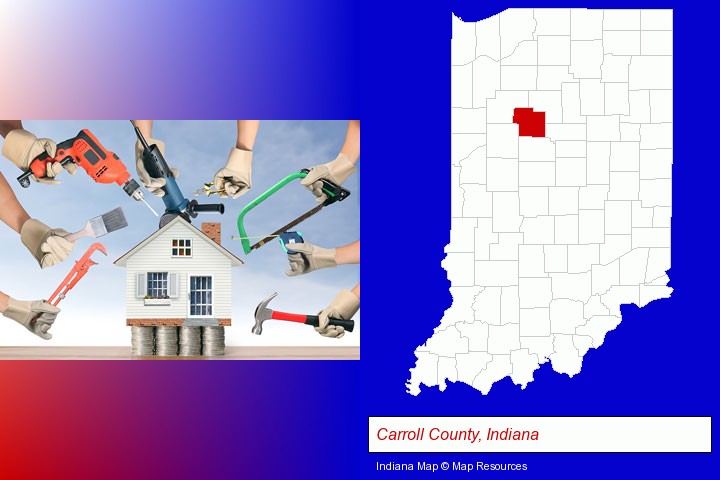 home improvement concepts and tools; Carroll County, Indiana highlighted in red on a map