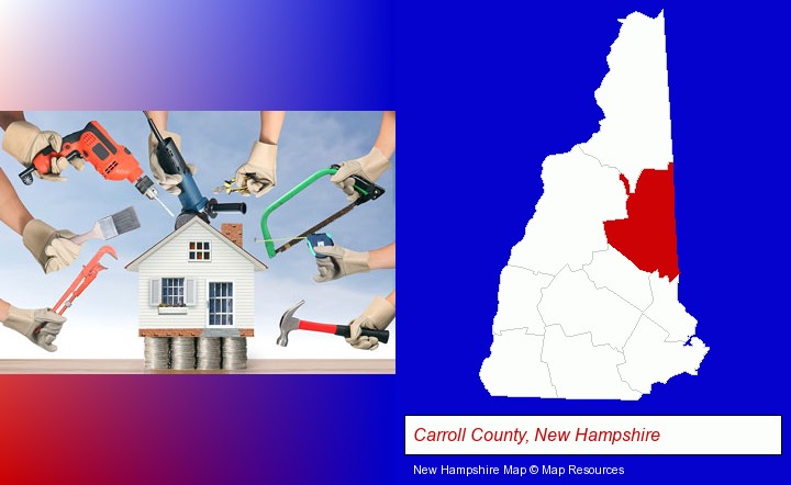 home improvement concepts and tools; Carroll County, New Hampshire highlighted in red on a map
