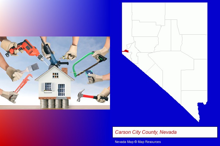 home improvement concepts and tools; Carson City County, Nevada highlighted in red on a map