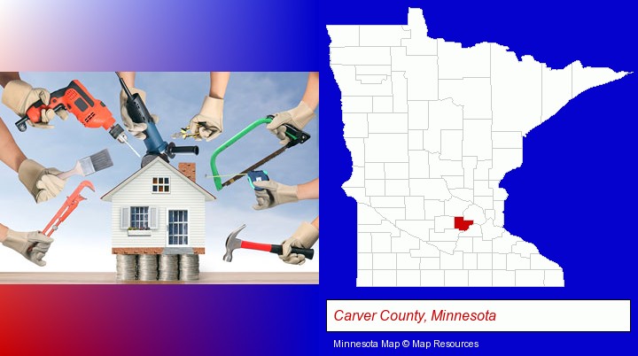 home improvement concepts and tools; Carver County, Minnesota highlighted in red on a map