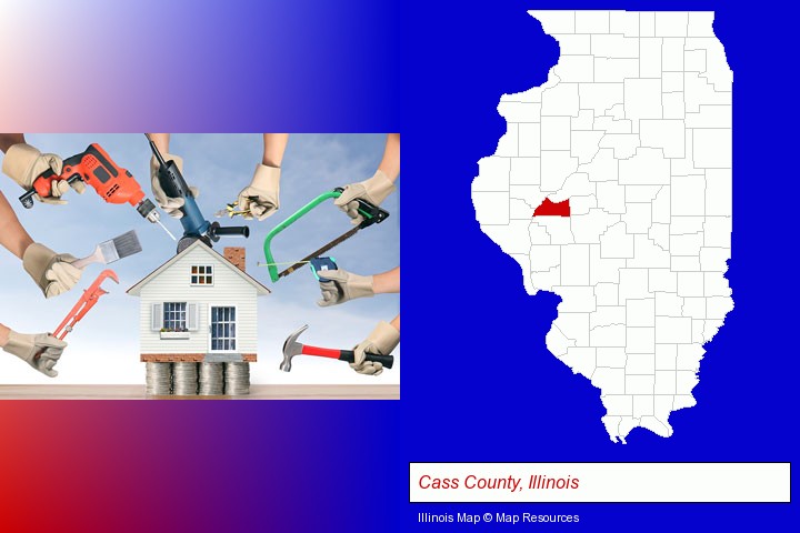 home improvement concepts and tools; Cass County, Illinois highlighted in red on a map