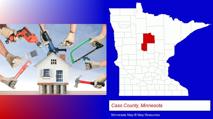 home improvement concepts and tools; Cass County, Minnesota highlighted in red on a map