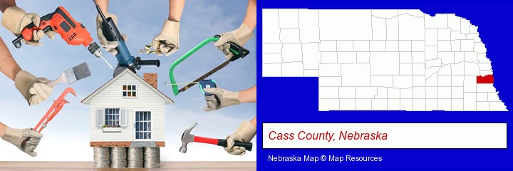 home improvement concepts and tools; Cass County, Nebraska highlighted in red on a map