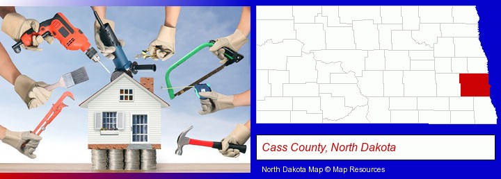 home improvement concepts and tools; Cass County, North Dakota highlighted in red on a map