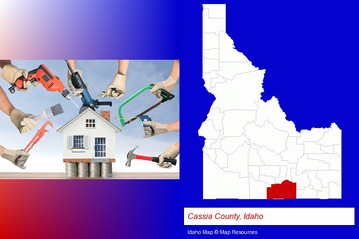 home improvement concepts and tools; Cassia County, Idaho highlighted in red on a map