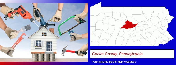 home improvement concepts and tools; Centre County, Pennsylvania highlighted in red on a map