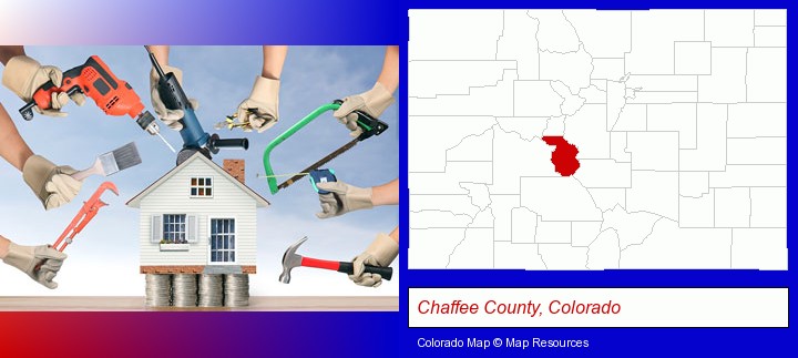 home improvement concepts and tools; Chaffee County, Colorado highlighted in red on a map