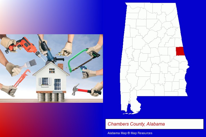 home improvement concepts and tools; Chambers County, Alabama highlighted in red on a map