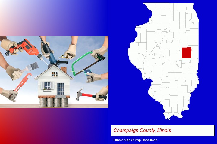 home improvement concepts and tools; Champaign County, Illinois highlighted in red on a map