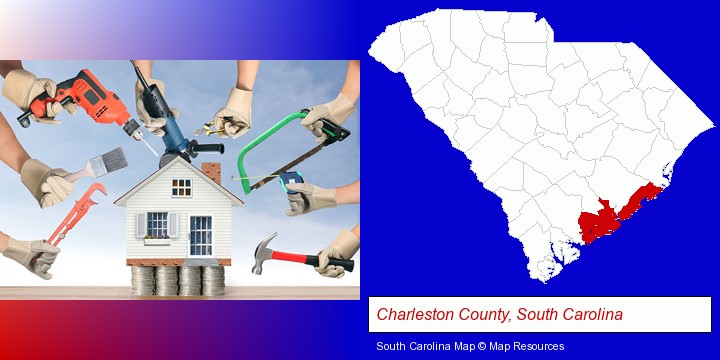 home improvement concepts and tools; Charleston County, South Carolina highlighted in red on a map