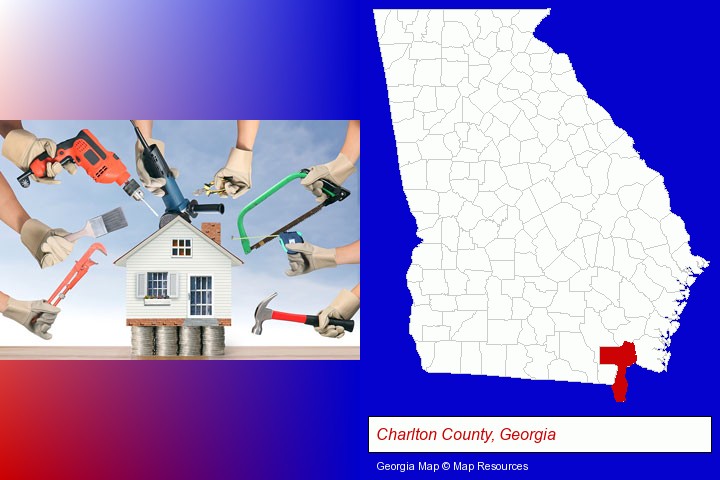 home improvement concepts and tools; Charlton County, Georgia highlighted in red on a map