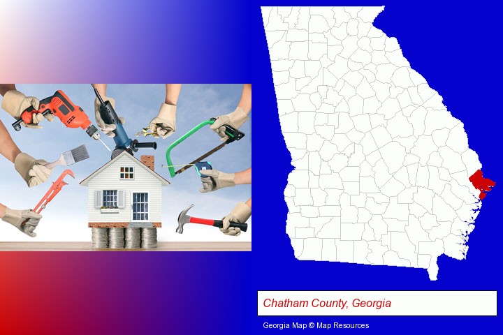 home improvement concepts and tools; Chatham County, Georgia highlighted in red on a map