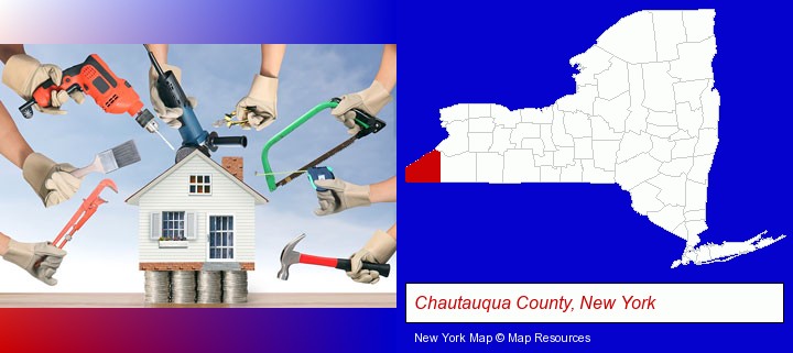 home improvement concepts and tools; Chautauqua County, New York highlighted in red on a map