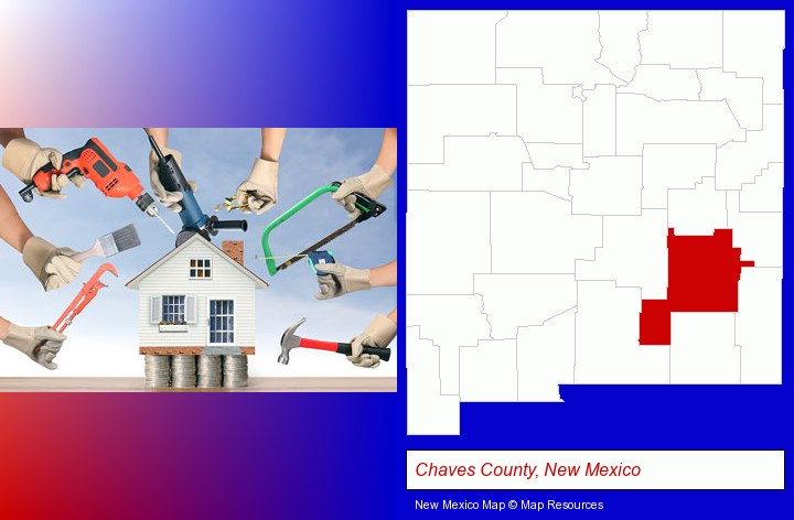 home improvement concepts and tools; Chaves County, New Mexico highlighted in red on a map