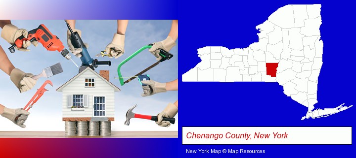 home improvement concepts and tools; Chenango County, New York highlighted in red on a map