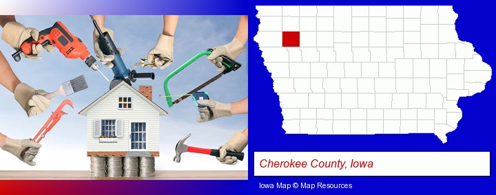home improvement concepts and tools; Cherokee County, Iowa highlighted in red on a map