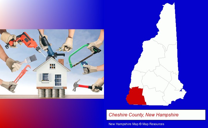home improvement concepts and tools; Cheshire County, New Hampshire highlighted in red on a map