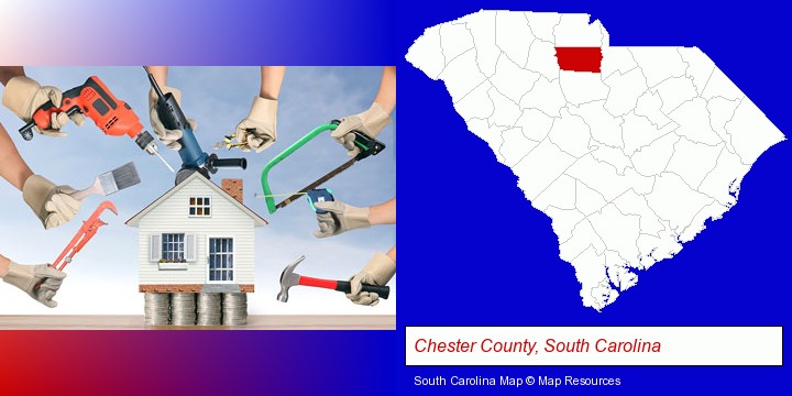 home improvement concepts and tools; Chester County, South Carolina highlighted in red on a map