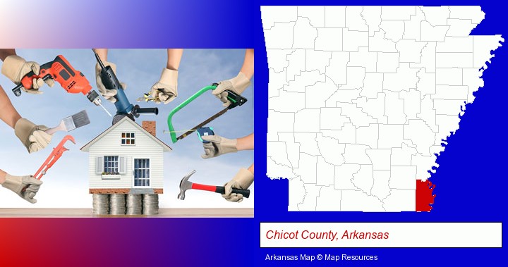 home improvement concepts and tools; Chicot County, Arkansas highlighted in red on a map