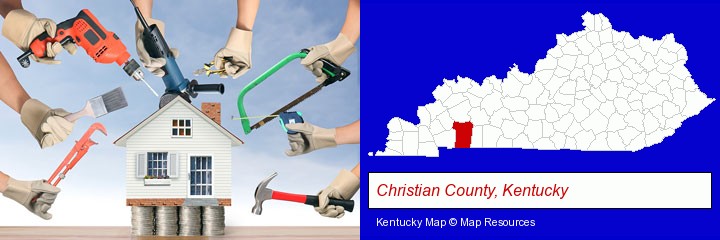 home improvement concepts and tools; Christian County, Kentucky highlighted in red on a map