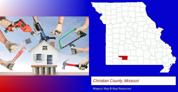 home improvement concepts and tools; Christian County, Missouri highlighted in red on a map
