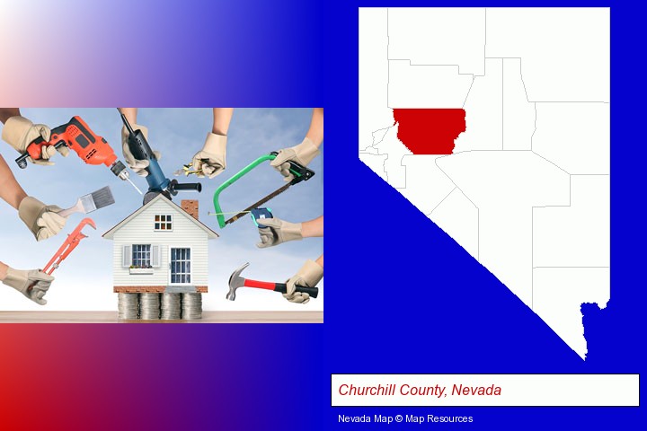 home improvement concepts and tools; Churchill County, Nevada highlighted in red on a map