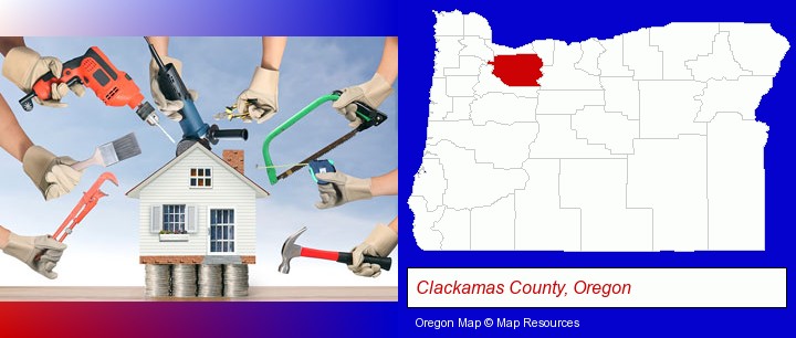 home improvement concepts and tools; Clackamas County, Oregon highlighted in red on a map