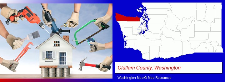 home improvement concepts and tools; Clallam County, Washington highlighted in red on a map