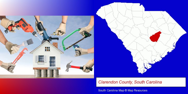 home improvement concepts and tools; Clarendon County, South Carolina highlighted in red on a map
