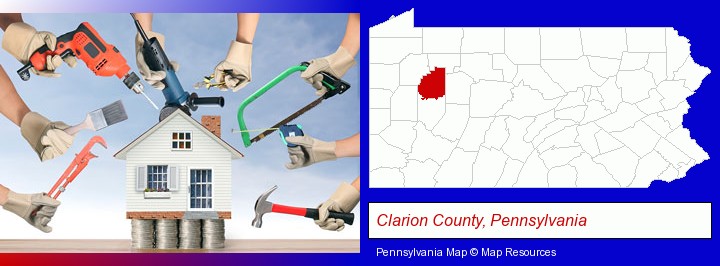 home improvement concepts and tools; Clarion County, Pennsylvania highlighted in red on a map