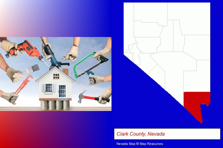 home improvement concepts and tools; Clark County, Nevada highlighted in red on a map