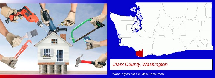 home improvement concepts and tools; Clark County, Washington highlighted in red on a map